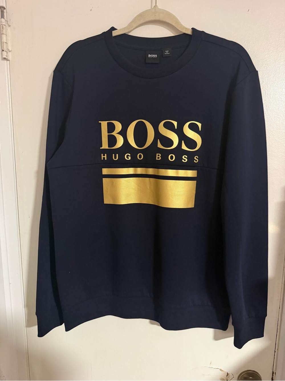 BOSS Hugo Boss Men Navy Blue Metallic Gold Logo Sweatshirt - Size L